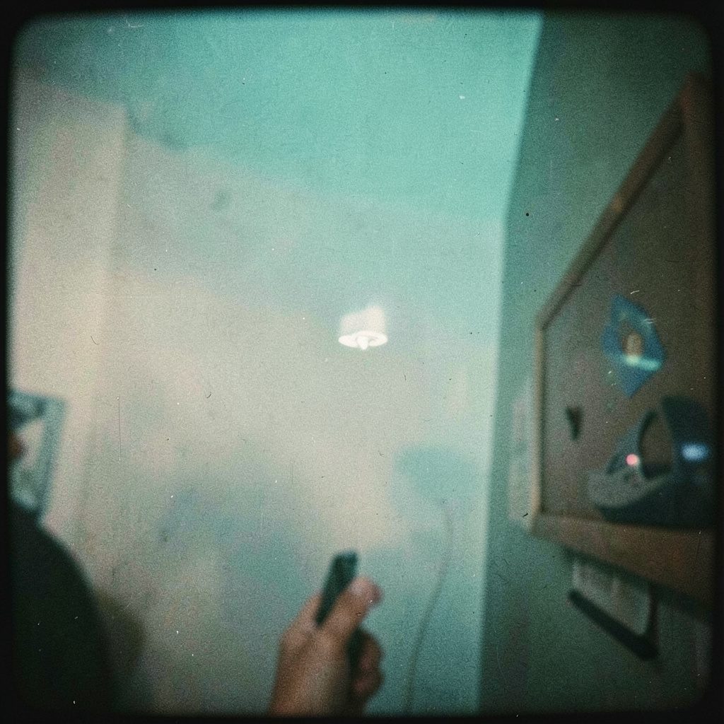 Router and tangled ethernet cable on a shelf in dim light, cool blue-grey tones, grainy analog photo feel
